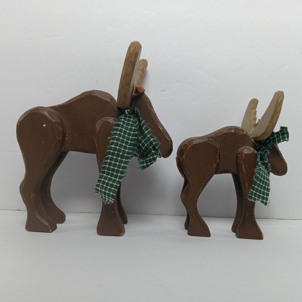 Set Of Two Primitive Wooden Moose Shelf Sitter Lodge Decor Cabincore